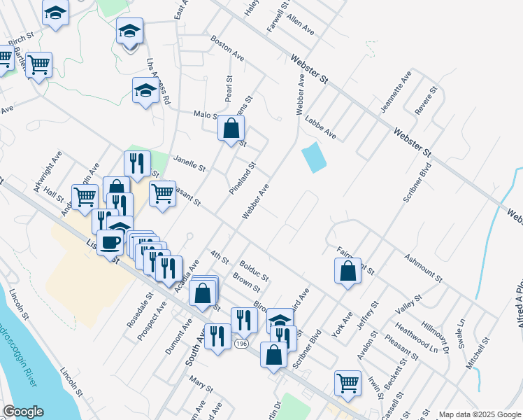 map of restaurants, bars, coffee shops, grocery stores, and more near 5 Meader Street in Lewiston