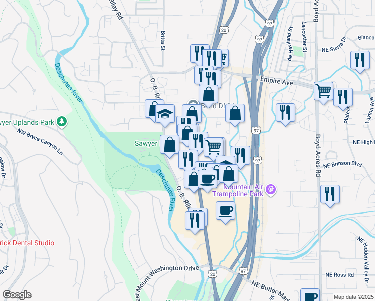 map of restaurants, bars, coffee shops, grocery stores, and more near 3405 N U.S. 97 in Bend