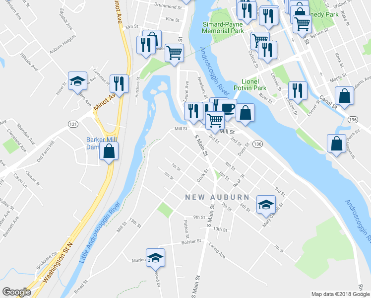map of restaurants, bars, coffee shops, grocery stores, and more near 25 5th Street in Auburn