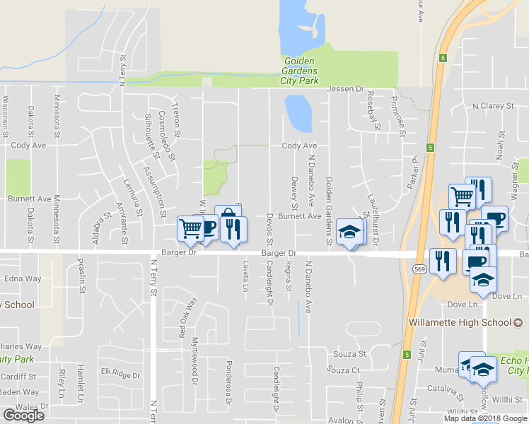 map of restaurants, bars, coffee shops, grocery stores, and more near 2106 Devos Street in Eugene