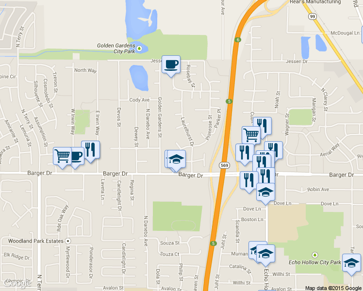 map of restaurants, bars, coffee shops, grocery stores, and more near 2130 Primrose Street in Eugene