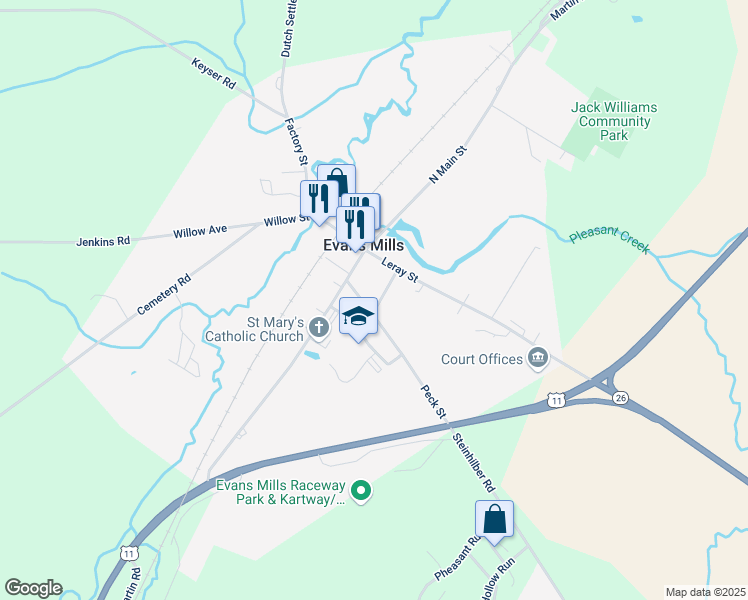 map of restaurants, bars, coffee shops, grocery stores, and more near 8640 Peck Street in Evans Mills