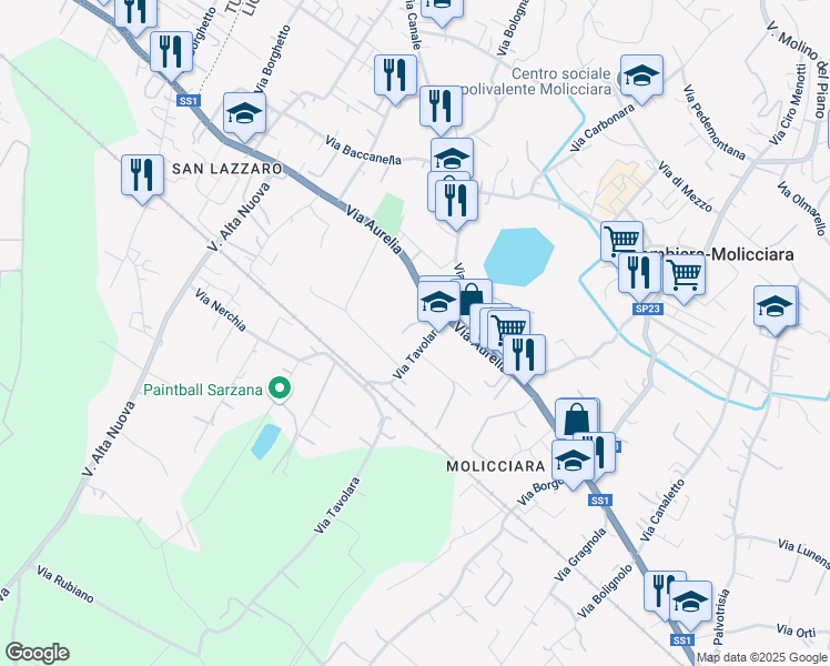 map of restaurants, bars, coffee shops, grocery stores, and more near 432 Strada Statale 1 in Sarzana