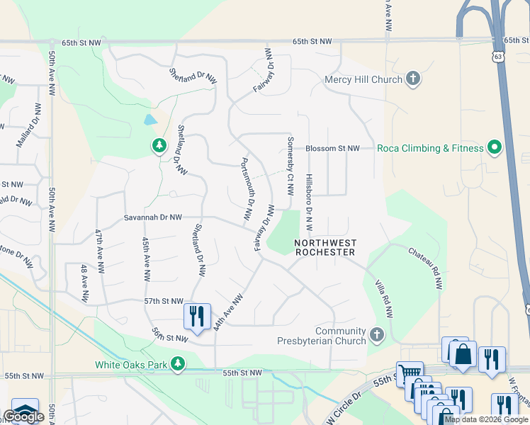 map of restaurants, bars, coffee shops, grocery stores, and more near 6259 Fairway Drive Northwest in Rochester