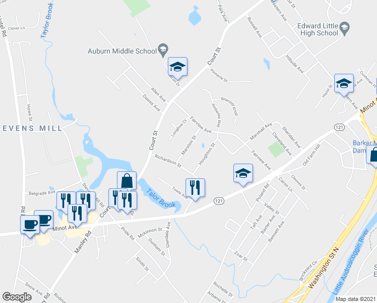 map of restaurants, bars, coffee shops, grocery stores, and more near 48 Marston Street in Auburn