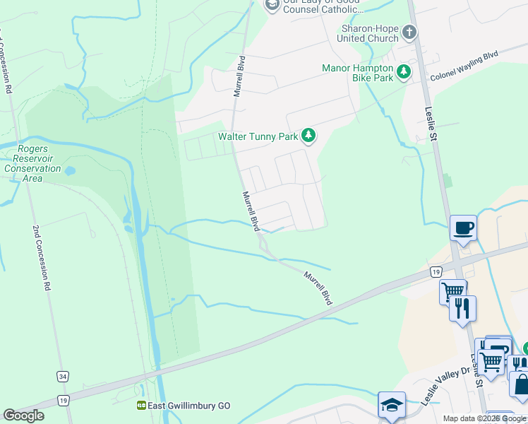 map of restaurants, bars, coffee shops, grocery stores, and more near 9 Falconridge Terrace in East Gwillimbury
