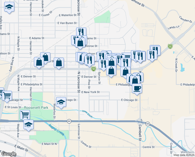 map of restaurants, bars, coffee shops, grocery stores, and more near 451 Spruce Street in Rapid City