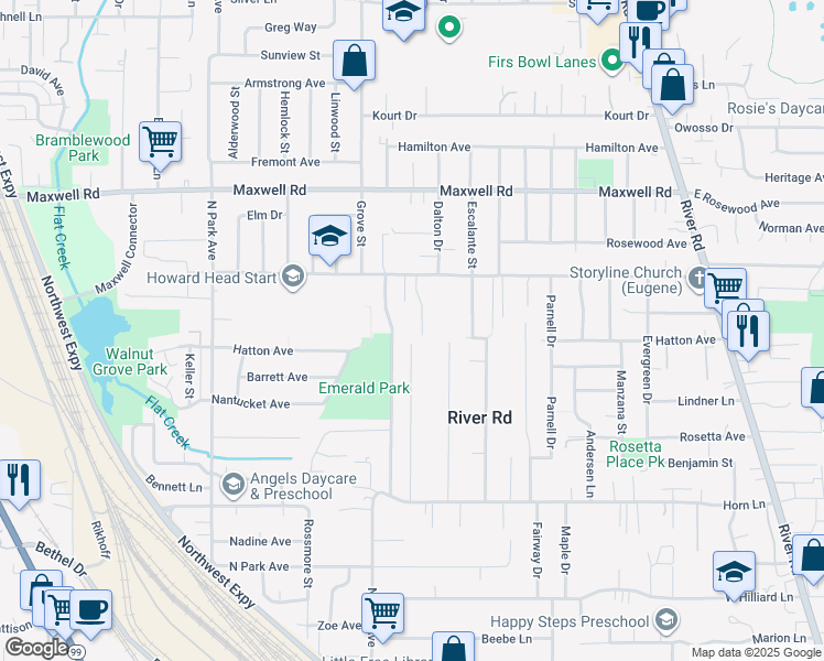 map of restaurants, bars, coffee shops, grocery stores, and more near 1412 Oak Drive in Eugene
