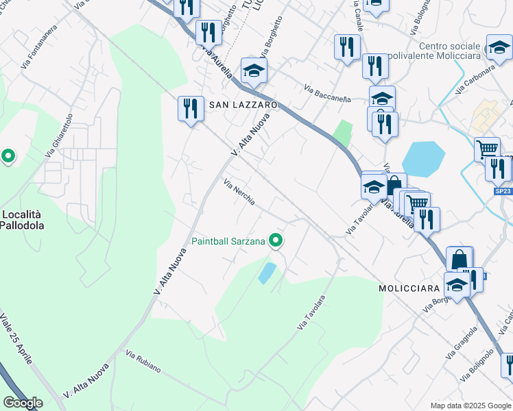map of restaurants, bars, coffee shops, grocery stores, and more near 801 Via Nerchia in Sarzana