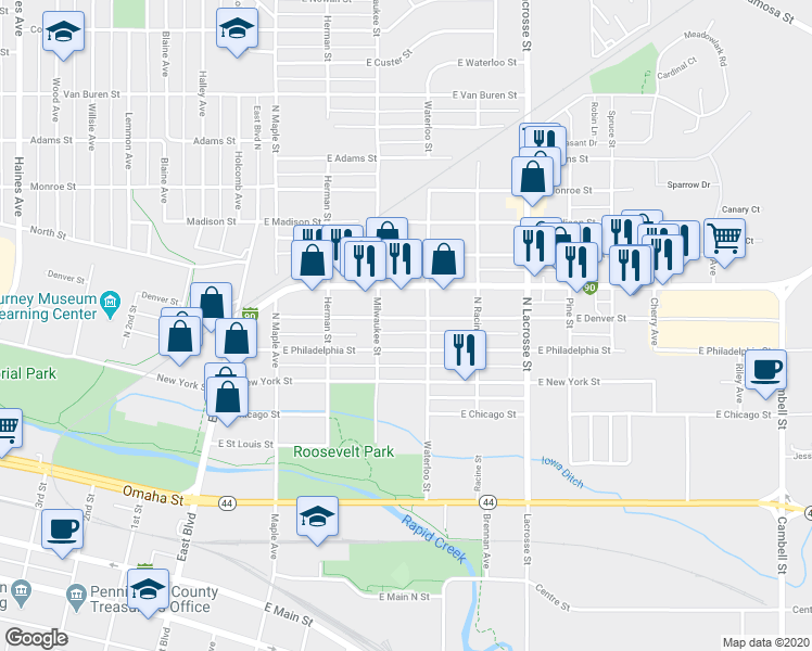 map of restaurants, bars, coffee shops, grocery stores, and more near 315 East Denver Street in Rapid City