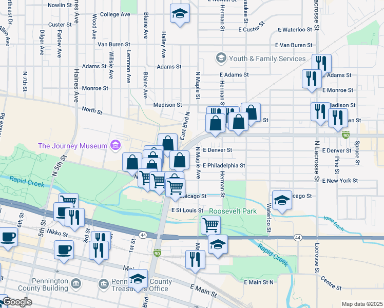 map of restaurants, bars, coffee shops, grocery stores, and more near 414 East Boulevard North in Rapid City