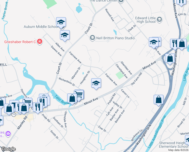 map of restaurants, bars, coffee shops, grocery stores, and more near 10 Fairview Court in Auburn