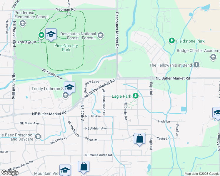 map of restaurants, bars, coffee shops, grocery stores, and more near 3453 Northeast Fieldstone Court in Bend