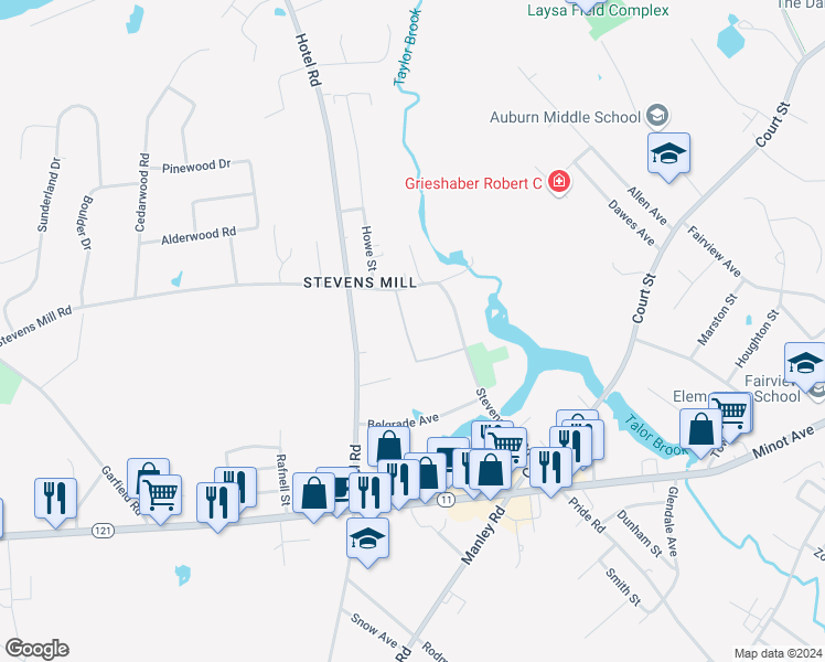 map of restaurants, bars, coffee shops, grocery stores, and more near 2 Stevens Mill Park Road in Auburn