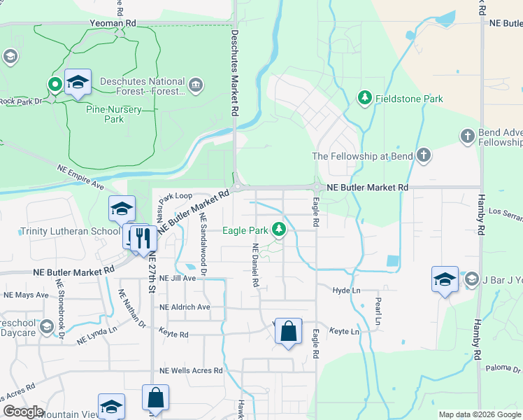map of restaurants, bars, coffee shops, grocery stores, and more near 21332 Northeast Evelyn Place in Bend