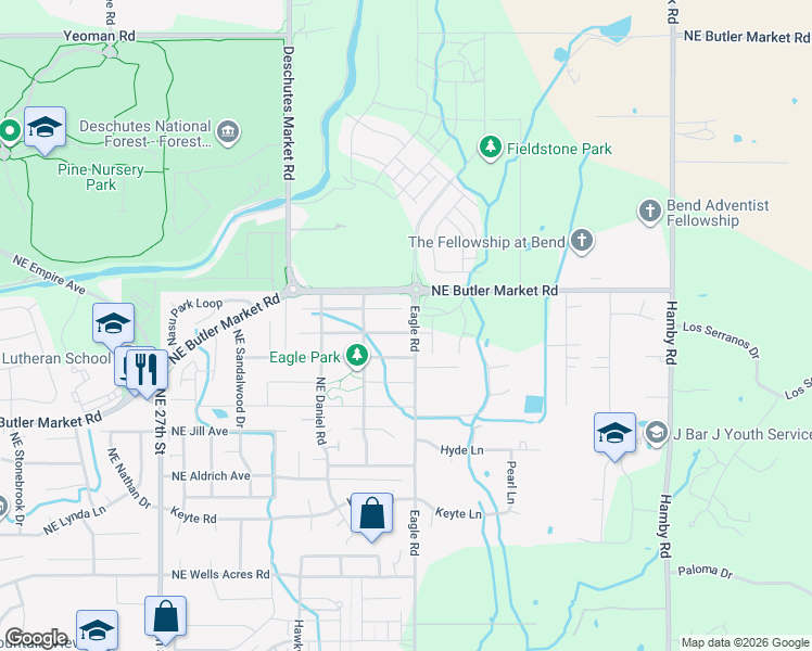 map of restaurants, bars, coffee shops, grocery stores, and more near 21400 Northeast Evelyn Place in Bend