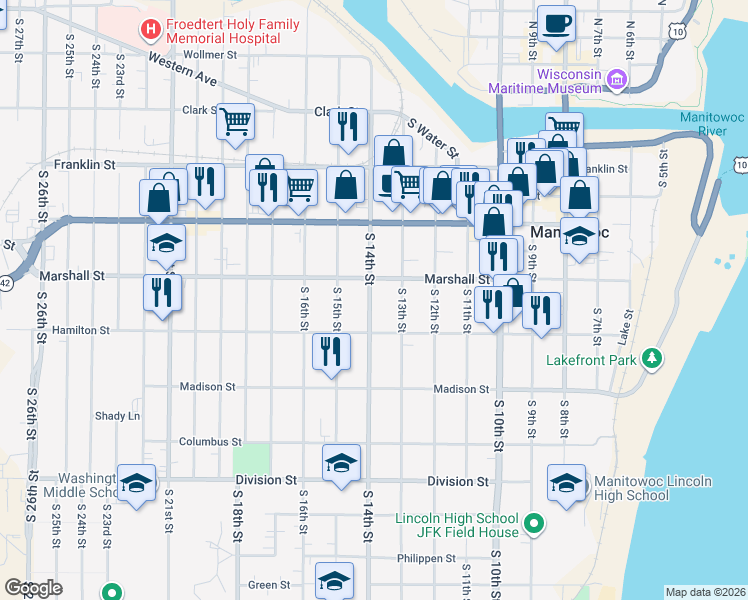 map of restaurants, bars, coffee shops, grocery stores, and more near 1115 South 14th Street in Manitowoc
