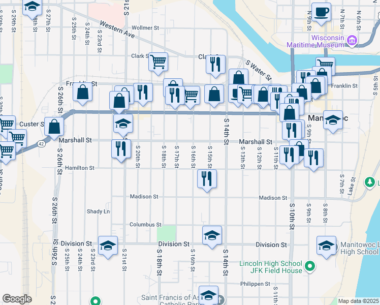 map of restaurants, bars, coffee shops, grocery stores, and more near 1114 South 16th Street in Manitowoc