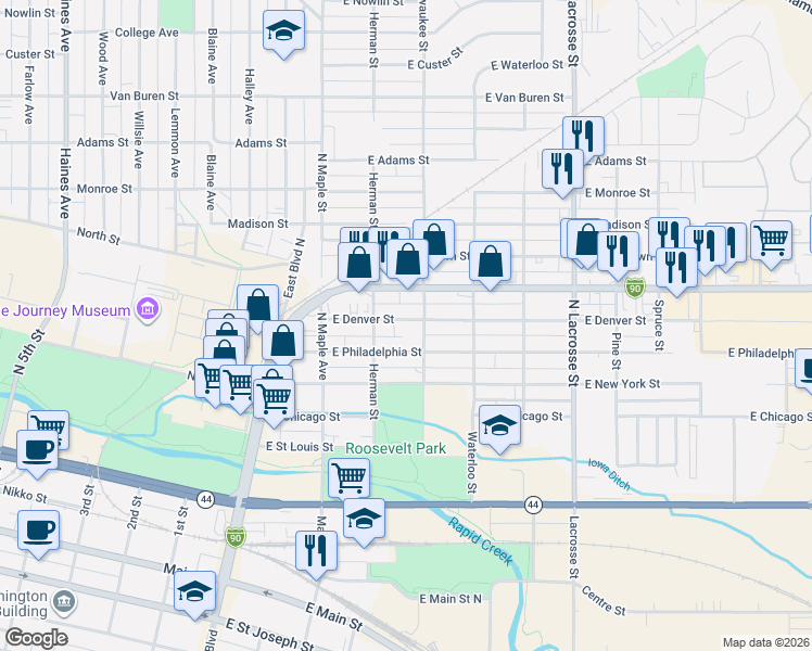 map of restaurants, bars, coffee shops, grocery stores, and more near 207 East Denver Street in Rapid City