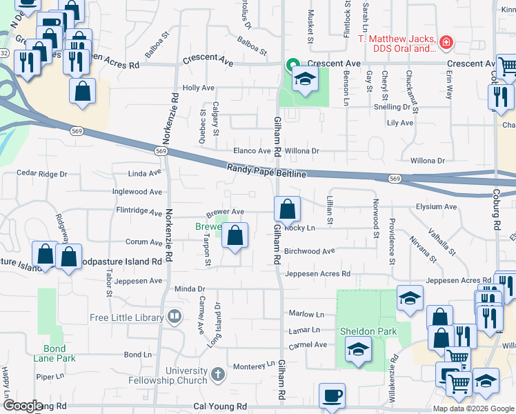 map of restaurants, bars, coffee shops, grocery stores, and more near 2025 Brewer Avenue in Eugene
