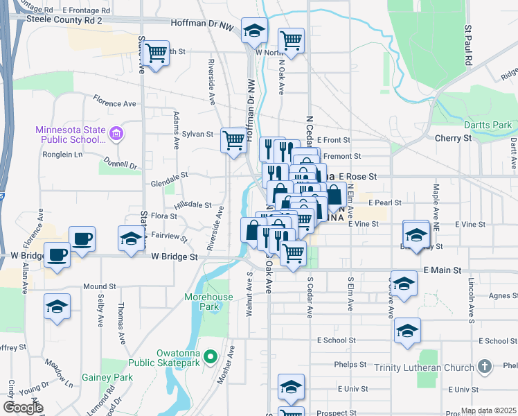 map of restaurants, bars, coffee shops, grocery stores, and more near 221 North Walnut Avenue in Owatonna