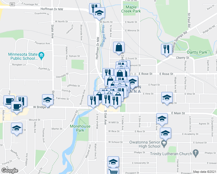 map of restaurants, bars, coffee shops, grocery stores, and more near 147 West Pearl Street in Owatonna
