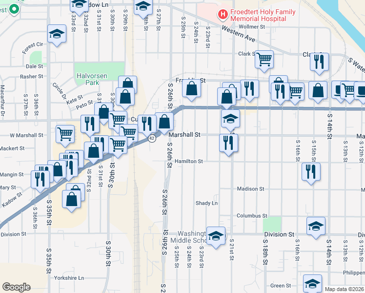 map of restaurants, bars, coffee shops, grocery stores, and more near 1122 South 25th Street in Manitowoc