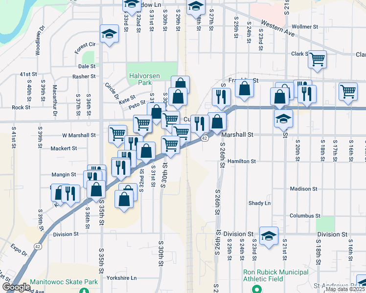 map of restaurants, bars, coffee shops, grocery stores, and more near 2900 Calumet Avenue in Manitowoc