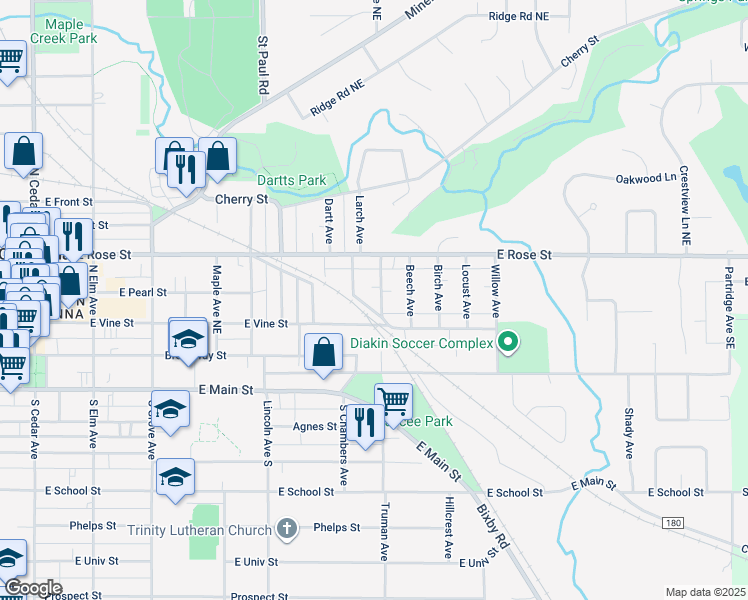map of restaurants, bars, coffee shops, grocery stores, and more near 228 Linden Avenue in Owatonna