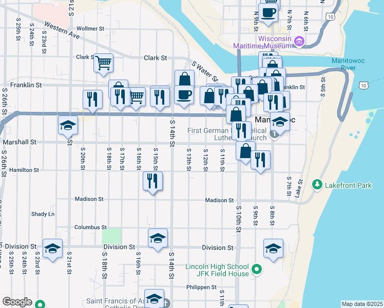 map of restaurants, bars, coffee shops, grocery stores, and more near 1113 South 13th Street in Manitowoc