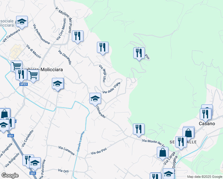 map of restaurants, bars, coffee shops, grocery stores, and more near 1 Via delle Vigne in Colombiera-molicciara