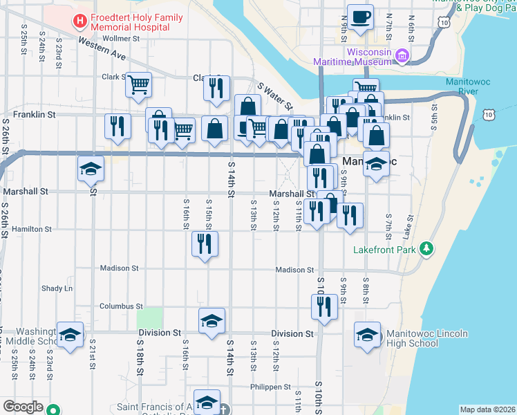 map of restaurants, bars, coffee shops, grocery stores, and more near 1113 South 13th Street in Manitowoc