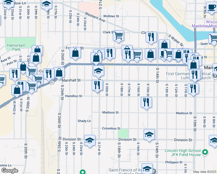 map of restaurants, bars, coffee shops, grocery stores, and more near 1117 South 20th Street in Manitowoc