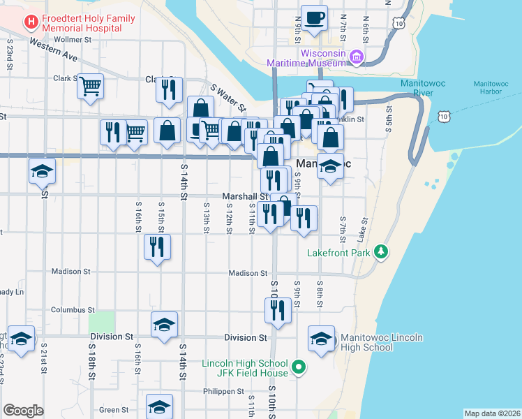 map of restaurants, bars, coffee shops, grocery stores, and more near 1003 Marshall Street in Manitowoc