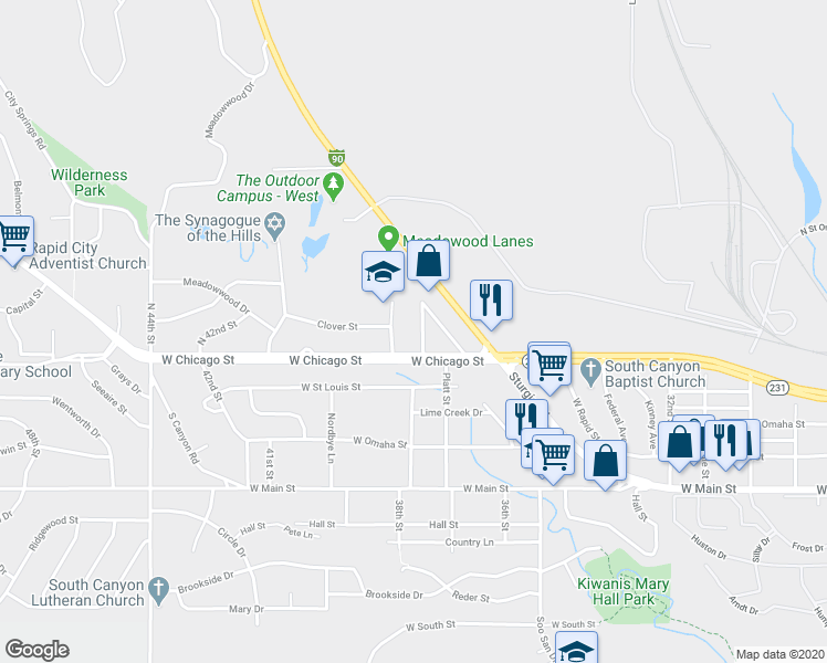map of restaurants, bars, coffee shops, grocery stores, and more near 117 North Platt Street in Rapid City