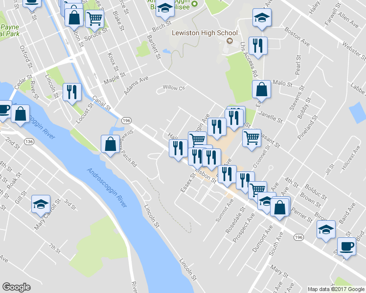 map of restaurants, bars, coffee shops, grocery stores, and more near 4 Hall Street in Lewiston