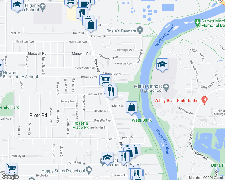 map of restaurants, bars, coffee shops, grocery stores, and more near 1480 Lanson Lane in Eugene