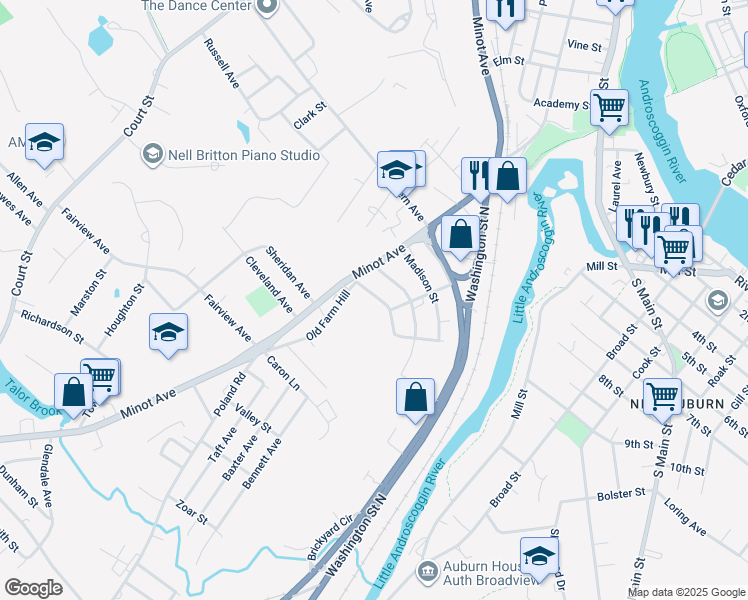 map of restaurants, bars, coffee shops, grocery stores, and more near 172 Madison Street in Auburn