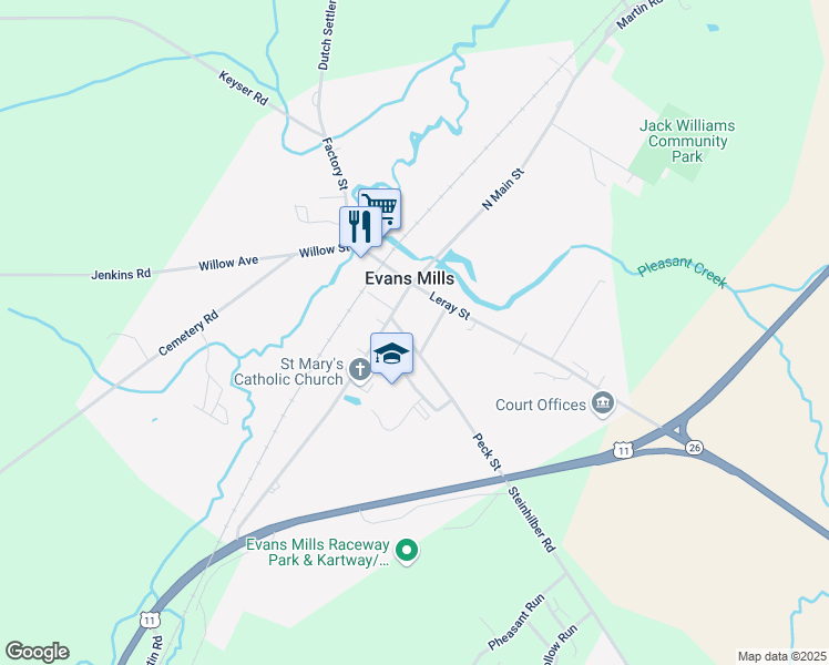 map of restaurants, bars, coffee shops, grocery stores, and more near 8640 Peck Street in Evans Mills
