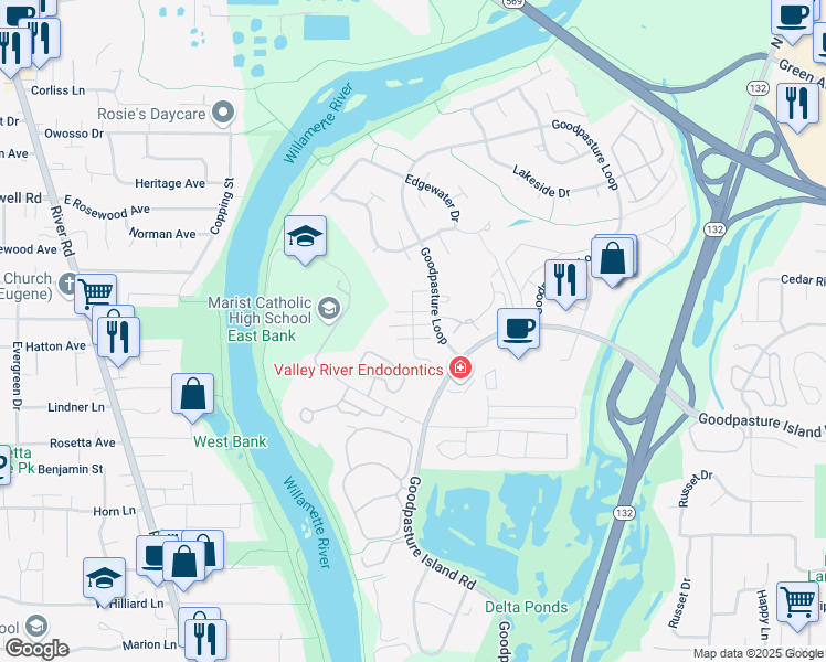 map of restaurants, bars, coffee shops, grocery stores, and more near 2050 Goodpasture Loop in Eugene