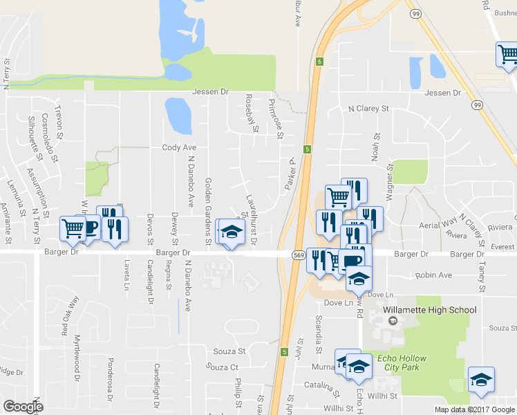 map of restaurants, bars, coffee shops, grocery stores, and more near 2162 Primrose Street in Eugene