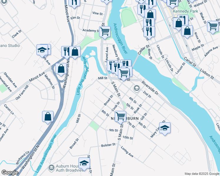 map of restaurants, bars, coffee shops, grocery stores, and more near 25 5th Street in Auburn