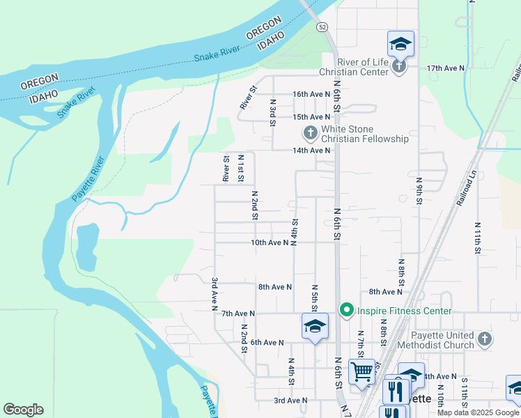 map of restaurants, bars, coffee shops, grocery stores, and more near 1124 North 2nd Street in Payette
