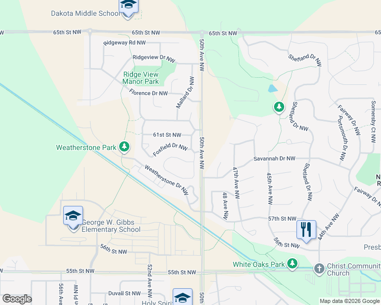 map of restaurants, bars, coffee shops, grocery stores, and more near 5070 Foxfield Drive Northwest in Rochester