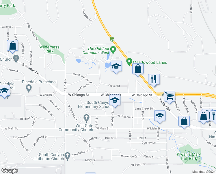 map of restaurants, bars, coffee shops, grocery stores, and more near 4011 Clover Street in Rapid City