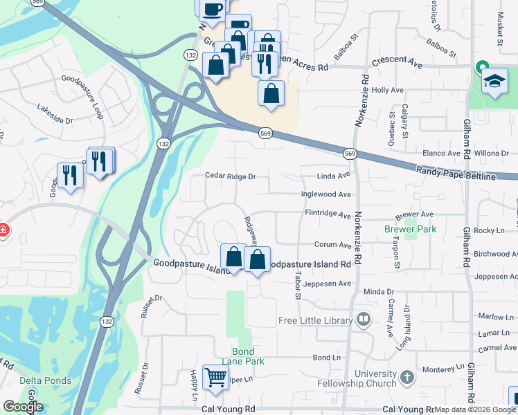 map of restaurants, bars, coffee shops, grocery stores, and more near 1275 Flintridge Avenue in Eugene