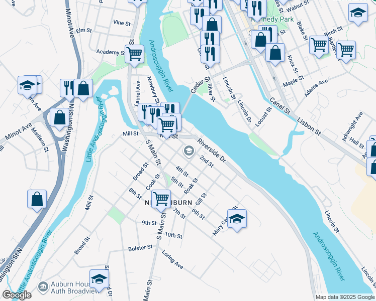map of restaurants, bars, coffee shops, grocery stores, and more near 67 2nd Street in Auburn
