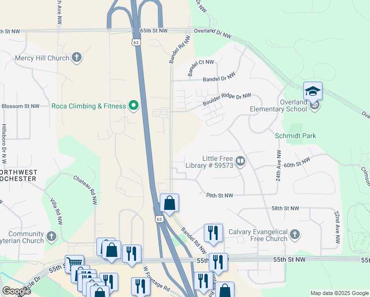 map of restaurants, bars, coffee shops, grocery stores, and more near 5930 Bandel Road Northwest in Rochester