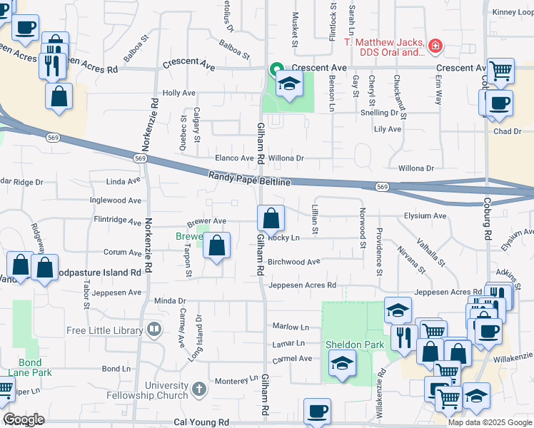map of restaurants, bars, coffee shops, grocery stores, and more near 2117 Elysium Avenue in Eugene