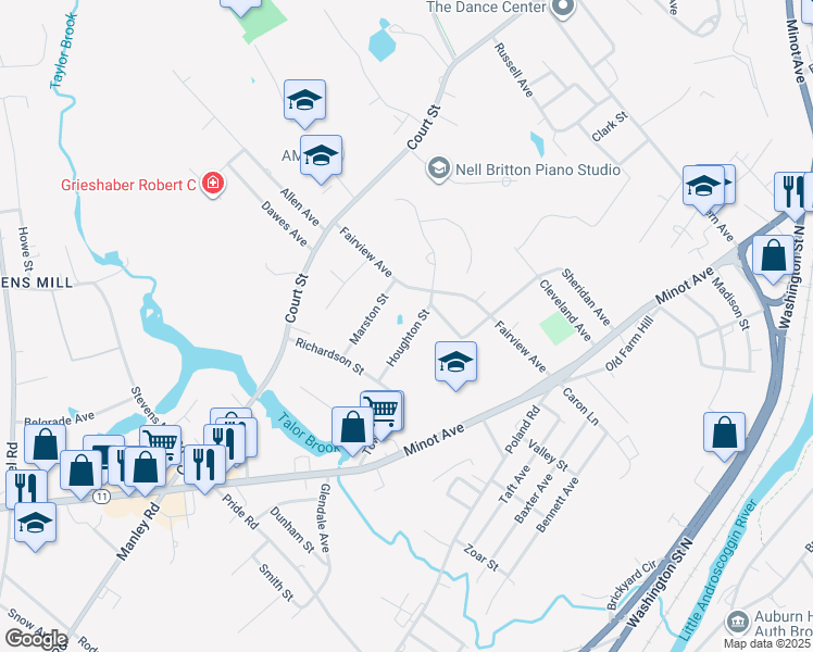 map of restaurants, bars, coffee shops, grocery stores, and more near 48 Houghton Street in Auburn